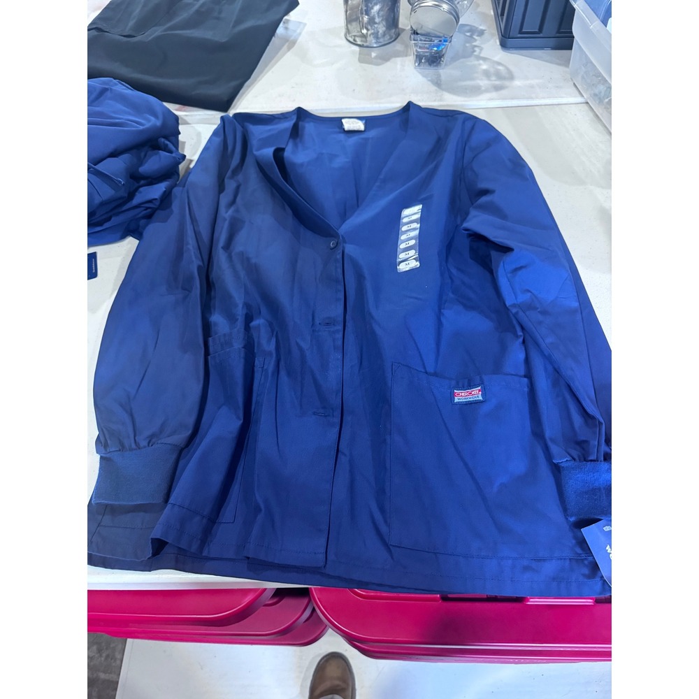 Cherokee Workwear Originals Scrub Jacket Royal Blue Button Front Medium NWT